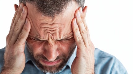 Fototapeta premium A close-up of a man clutching his head, migraine pain, photorealistic style, isolated on white background