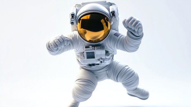 Fantasy sci fi astronaut character performing a dynamic punch in a cartoonish style against a white backdrop 3D rendered illustration
