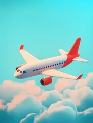 Obraz premium Fantasy 3D imagination concept depicting the dream of flight A realistic toy airplane set against a vibrant summer sky symbolizing freedom and motivation in a minimal cartoon style 2D illustration