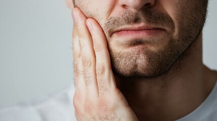 Obraz premium A person clutching their jaw in discomfort, tooth pain, close-up, photorealistic style, isolated on white background