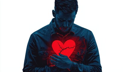 A person clutching their chest in pain, medical concept, hyperrealistic illustration, isolated on white background