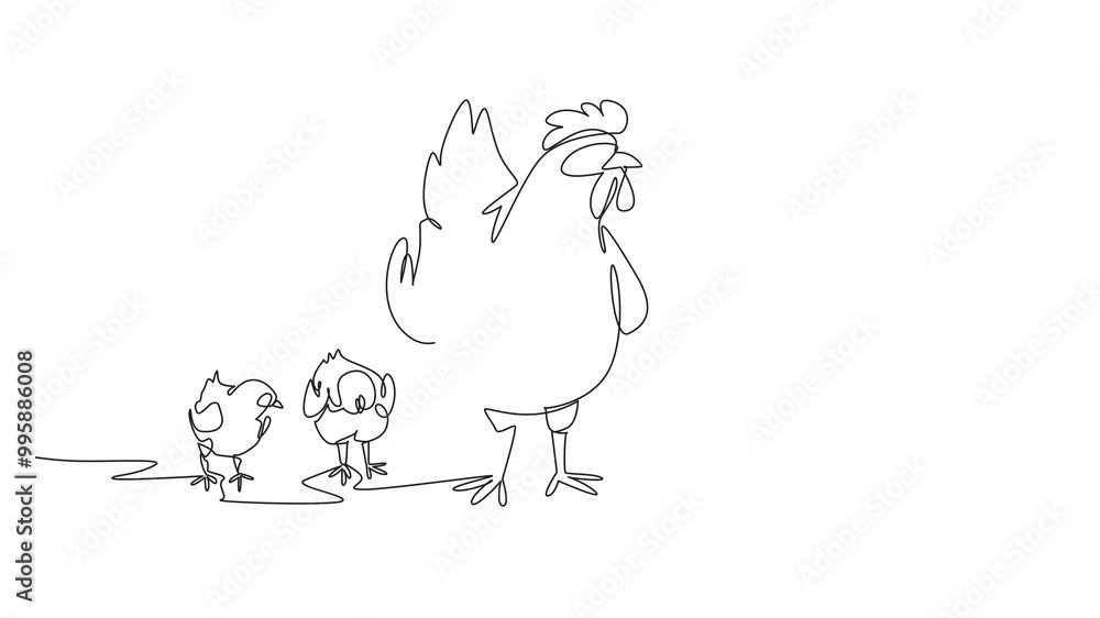 Poster animated self drawing of single continuous line drawing a mother hen standing surrounded by her chic
