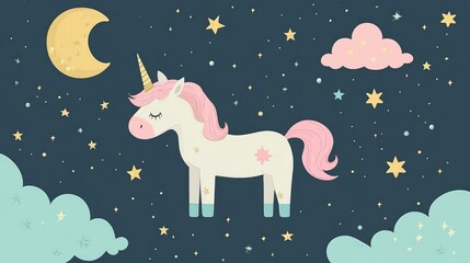 Cute unicorn surrounded by stars clouds and a moon perfect for a magic themed poster or greeting card illustration with outlines