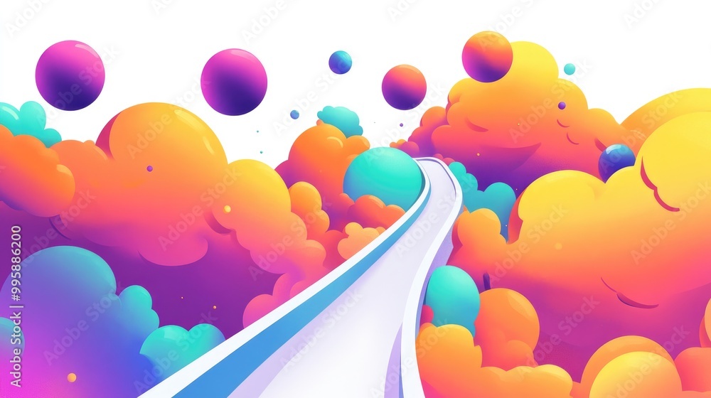 Aufkleber surreal 2d cartoon illustration featuring vibrant psychedelic clouds and spheres rolling down a ramp