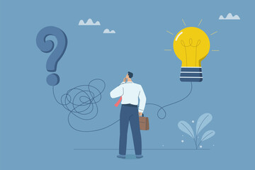 Complex problem solving process to simple problem solving concept, Concept of solving problems with simple ideas, Businessman thinking how to untie a tangled rope into a simple straight line.