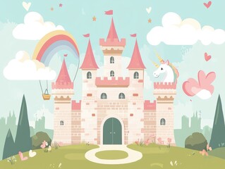 Fototapeta premium Fantasy castle illustration in 2D cartoon style featuring brick towers a balloon a rainbow and a unicorn A creative depiction of imaginative themes in a modern flat design