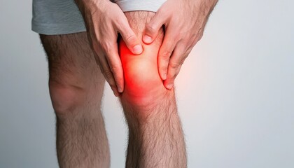 A man holding his knee in pain, close-up injury focus, hyperrealistic illustration, detailed texture, isolated on white background