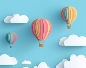 Vibrant hot air balloons soaring through a clear blue sky illustrated in a paper craft style
