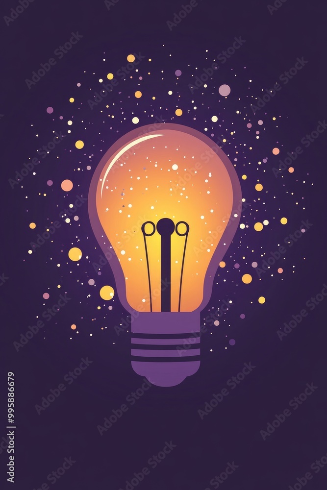 Aufkleber abstract 2d cartoon flat design of a lightbulb with sparkles on a violet background