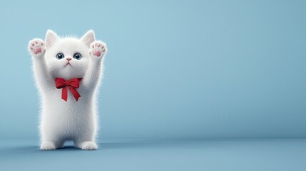 A charming white kitten with fluffy fur and bright eyes raises its paws in greeting, showcasing a stylish red bow tie that adds to its cuteness