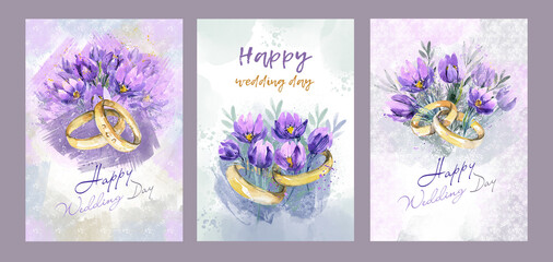 A set of Happy Wedding Day cards with bouquets of watercolor flowers and rings. Wedding rings with purple flowers, snowdrops, painted creative illustration.