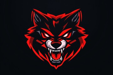 Angry wolf head mascot logo in black and red colors designed for esports showcasing a front view perspective