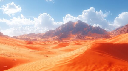Fototapeta premium Vibrant desert landscape with mountains and clouds under a blue sky.
