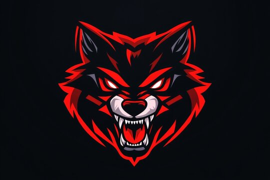 Angry wolf head mascot logo in black and red colors designed for esports showcasing a front view perspective