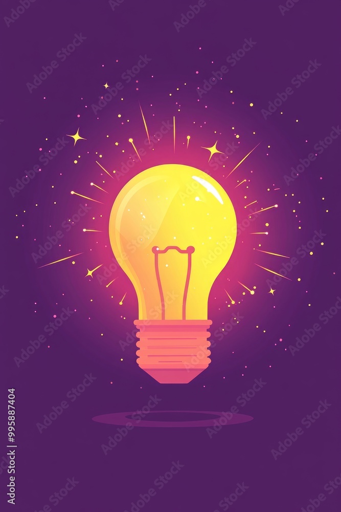 Aufkleber abstract 2d cartoon flat design of a lightbulb with sparkles on a violet background