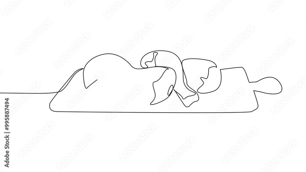Poster animated self drawing of single one line drawing stack lower thighs on cutting board. processing the