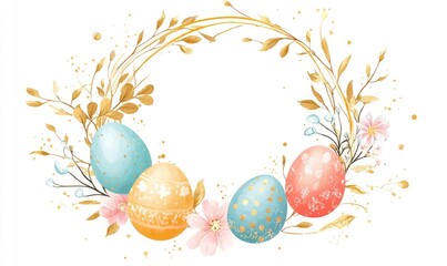 Stylish Easter wreath featuring vibrant eggs flowers leaves and branches against a white backdrop Elegant frame with gold accents ideal for greeting cards banners and flyers Modern 2D cartoon desi