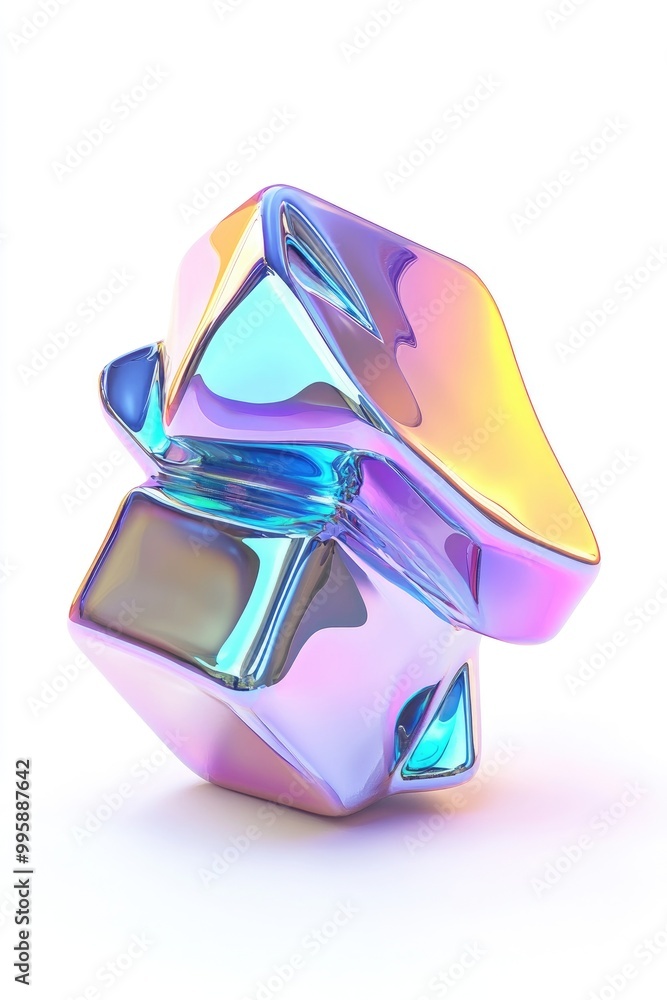 Poster Holographic 3D shape with a metallic iridescent surface on a white background Features a color gradient in a Y2K style showcasing a trendy and futuristic design element 3D rendering