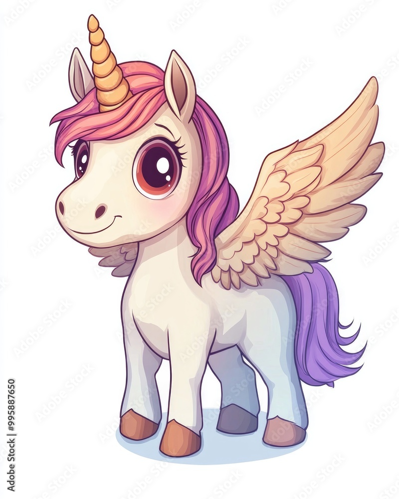 Poster adorable winged unicorn character in a digital 2d cartoon style isolated on a white background perfe