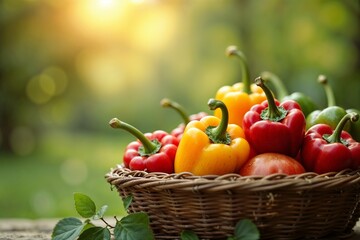 Vibrant bell peppers in wicker basket, colorful harvest in garden, healthy food, organic vegetables, summer produce concept