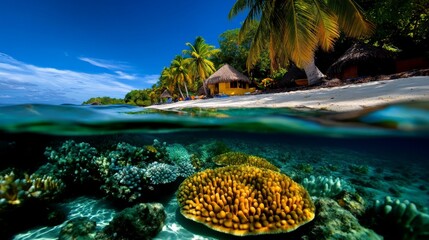 Tropical Paradise Over Underwater Coral Reef: A stunning split-level view of a tranquil beach scene with lush palm trees and a charming bungalow.