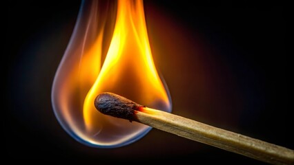 Single matchstick is burning and creating a large flame on a dark background