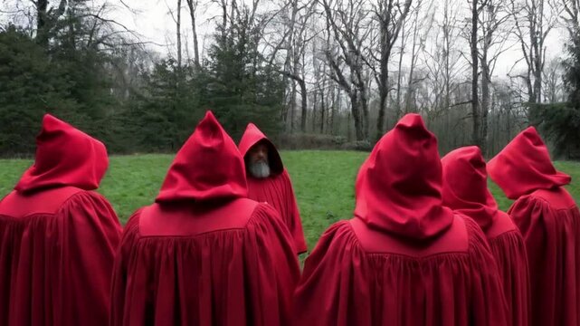 Group of People in Red Robes Standing in a Circle in a Forest