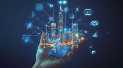 5G network wireless systems and internet of things, Smart city and communication network with smartphone in hand and objects icon connecting together, Connect global wireless devices