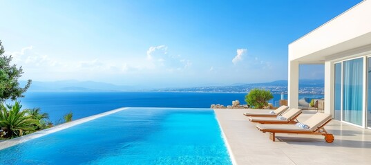 Fototapeta premium Luxury Infinity Pool with Sunbeds on Panoramic Ocean View Terrace at Tropical Vacation Villa