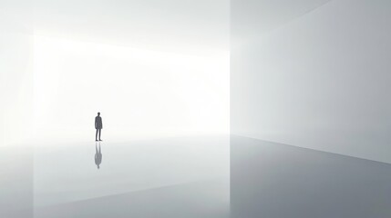 Surreal depiction of an individual in an expansive white space