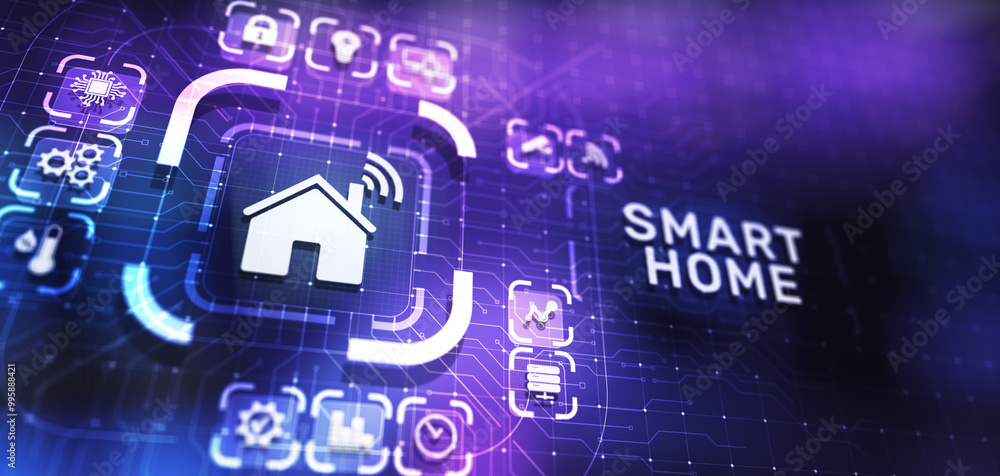 Poster smart home control panel on virtual screen. iot and automation technology concept.
