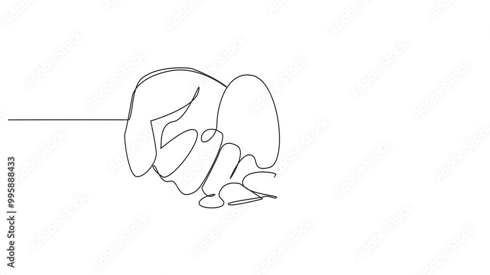 Poster self drawing animation of single continuous line drawing chicken eggs are on both palms. give with c