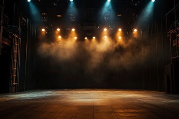 An empty theater stage with dramatic lighting, featuring multiple spotlights that illuminate the stage floor.with generative ai