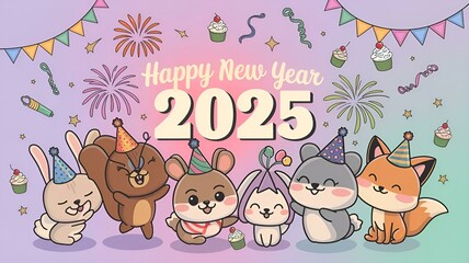 Celebratory New Year 2025 with Cute Animals