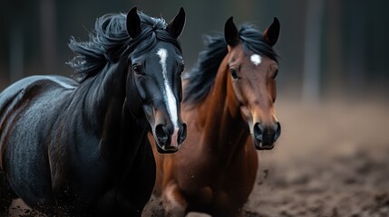 Obraz premium This image features two horses, one black and one brown, running side by side in a field, capturing the excitement and freedom of these magnificent creatures in motion.
