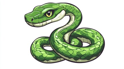 Fototapeta premium Green snake zodiac symbol representing goodness and wisdom depicted in a traditional Asian cartoon style 2D illustration in EPS format on a white background