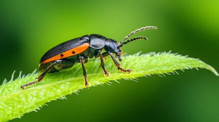 A beetle sits on a green leaf macro photography in the summer. A Trichodes apiarius bug sits on a thin leaf of a plant. Wildlife landscape with black and orange insect close-up on a green background