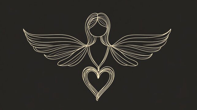Simple 2D cartoon style Christmas angel with a heart featuring a continuous single line drawing suitable for apparel logo creation emblems or abstract silhouette illustration
