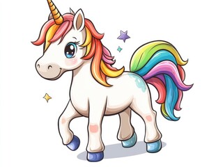 Joyful cartoon unicorn with a rainbow mane and tail featuring a 2D illustration on a white background perfect for print design posters stickers cards decor and children s apparel