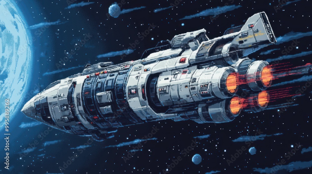 Poster spaceship in deep space with pixelated art style