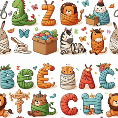 Seamless patterns, cartoons, animals, alphabet, beautiful colors, suitable for various graphic works.