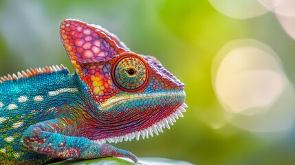 Fototapeta premium A colorful close-up chameleon with a high crest on its head
