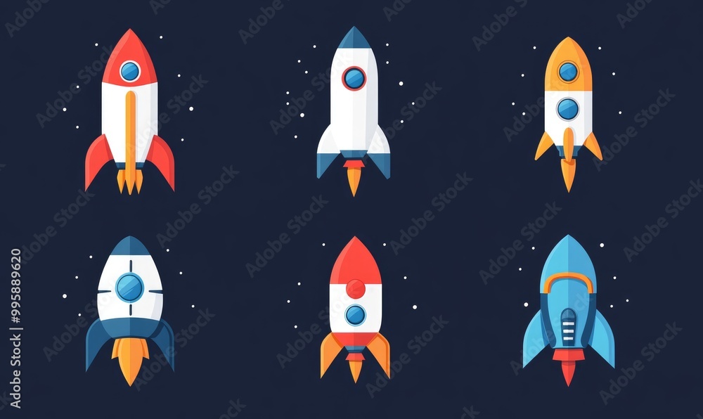 Poster fantasy rocket and space icons in a simple flat style ideal for user interface and user experience d