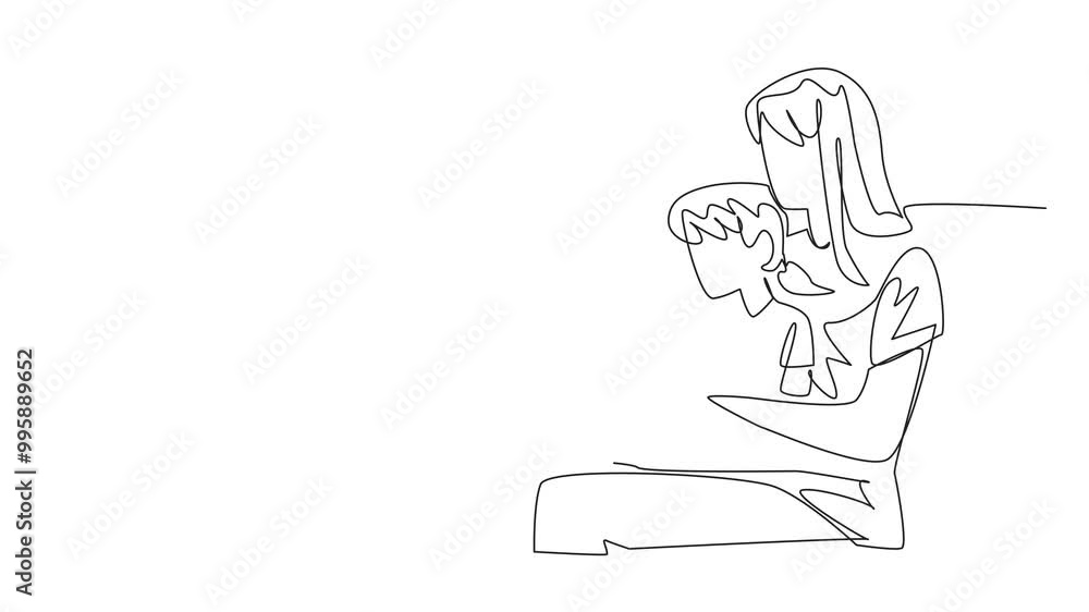 Poster self drawing animation of continuous one line drawing daughter sits on the lap of her mother who sit