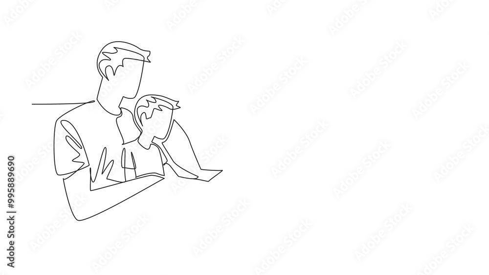 Poster animation of a single one line drawing a boy sitting on his father's lap who is sitting on the sofa.