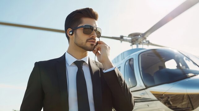 Handsome bodyguard standing on a helipad, intently listening to a message through a security earpiece. Professional and vigilant, ensuring protection and safety in a high-risk environment