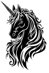 Fototapeta premium Fantasy horse head with unicorn features in a tribal design black equine silhouette showcasing a flowing mane