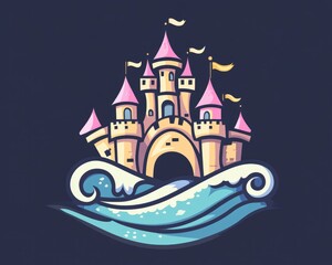 Fantasy castle and ocean wave logo featuring a 2D cartoon style icon illustration