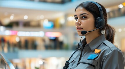 Latin American female security guard working at a busy shopping mall, wearing a headset for communication. Ensuring public safety and efficient coordination in a commercial environment