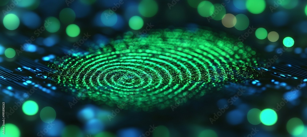 Poster green finger print. digital security biometric human identification. generative ai technology.